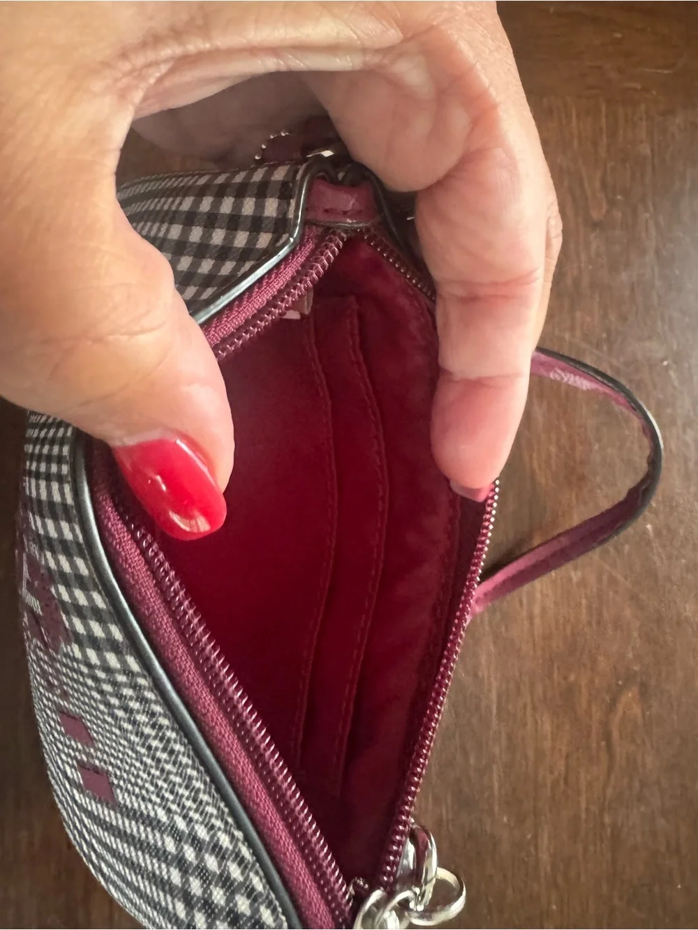 Coach Black-and-White Gingham Wristlet with Pink Logo